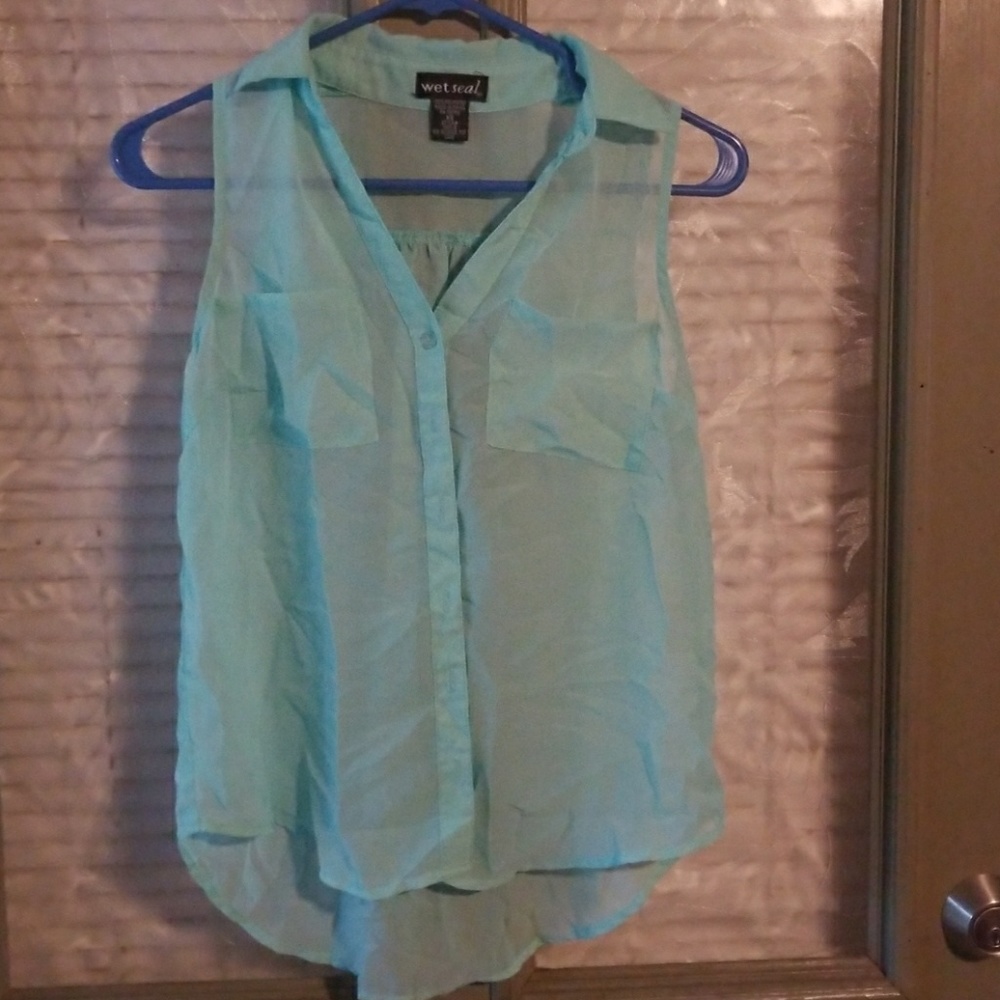 Wet seal blue button up sheer sleevless top